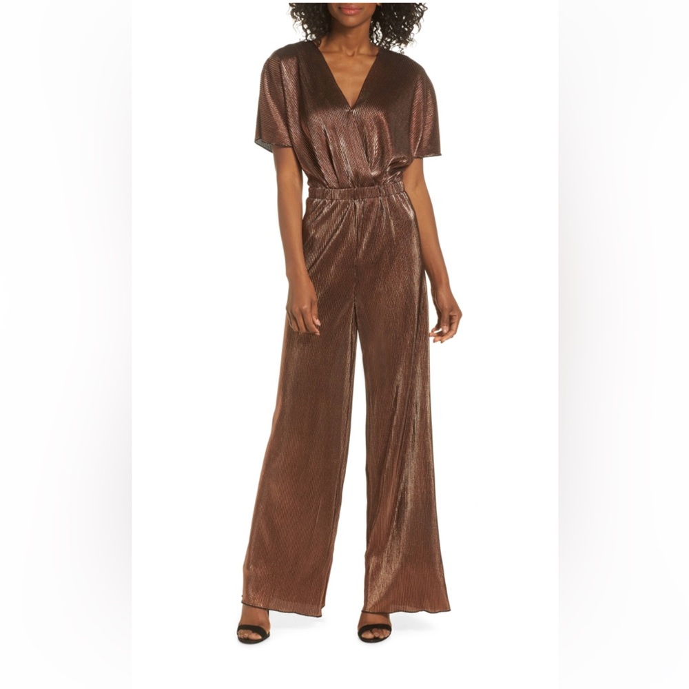 Charles Henry Bronze Metallic Crossover Jumpsuit